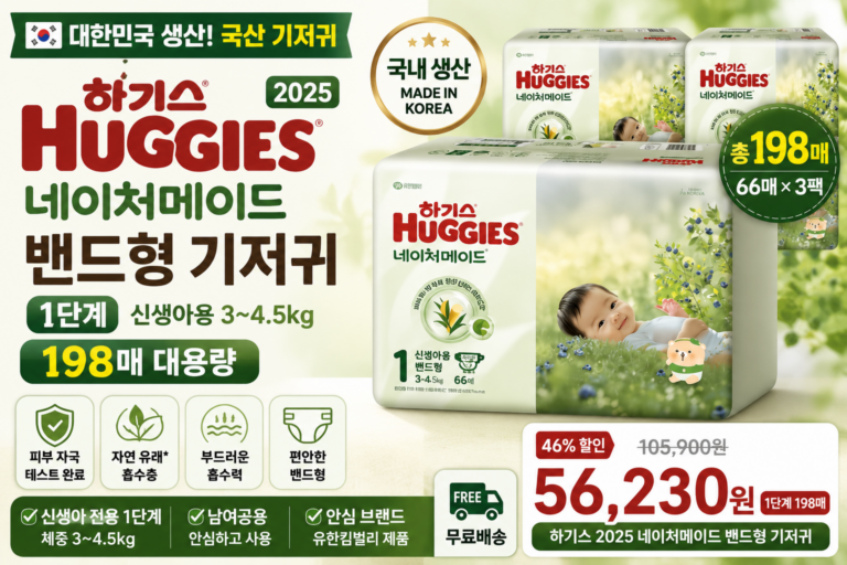 하기스 네이처메이드 밴드형 1단계 198매 추천, 신생아용 국산 기저귀 대용량 구성