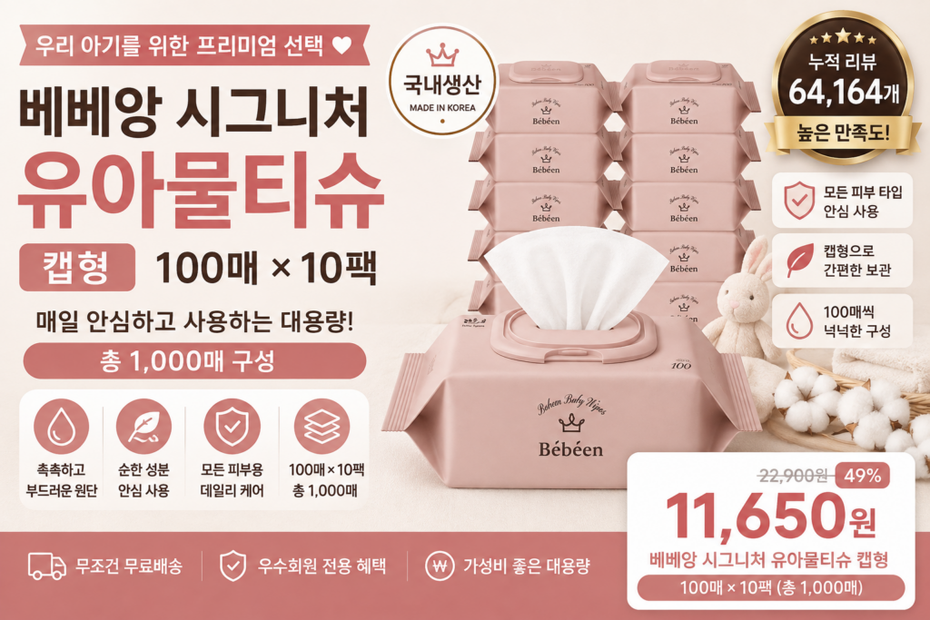베베앙 시그니처 유아물티슈 캡형 추천 100매 10팩 아기물티슈 국내생산 가격 후기 제품 이미지