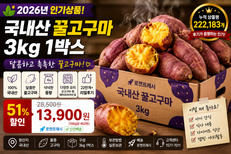 2026 국내산 꿀고구마 3kg 겨울간식추천｜후기 22만개 로켓프레시 밤고구마 가격