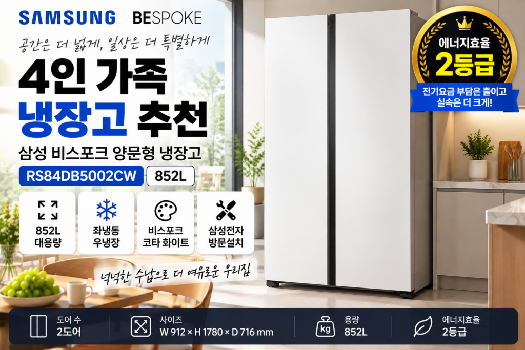 4인 가족 냉장고 뭐가 좋을까? 삼성 비스포크 RS84DB5002CW 852L 양문형 냉장고 가격·장단점·방문설치 제품 이미지